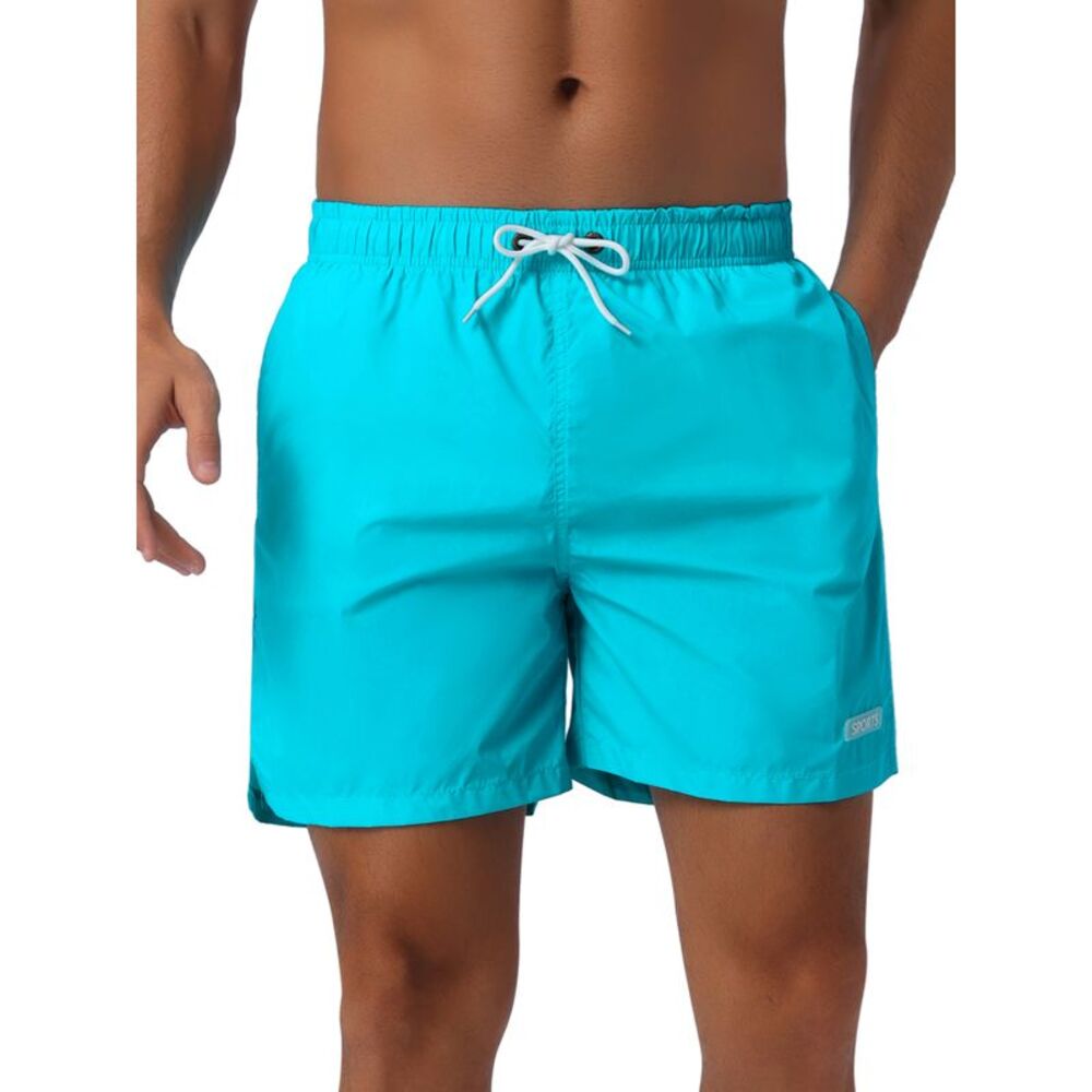 Summer Drawstring Elastic Waist Mesh Lining Solid Board Shorts Light Blue
